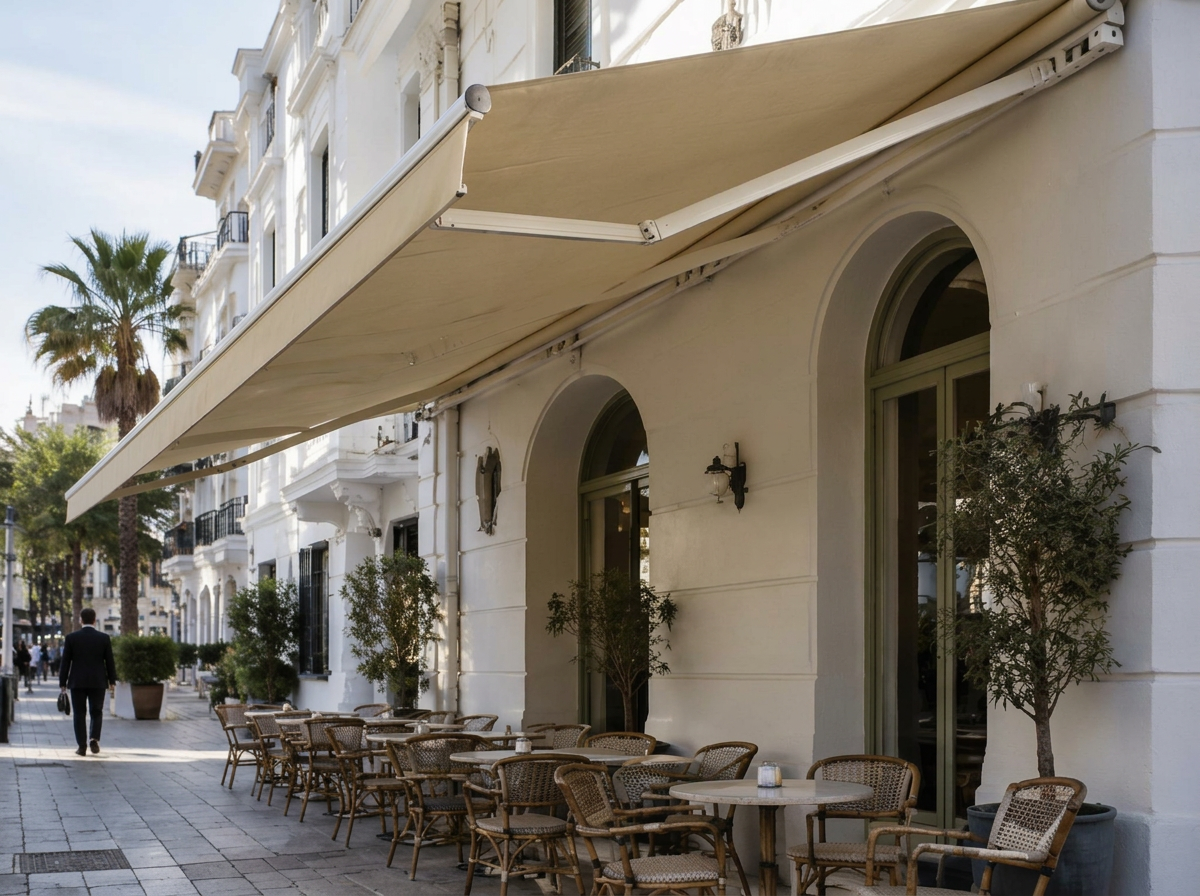 Store banne beige déployé au-dessus d'une terrasse de café