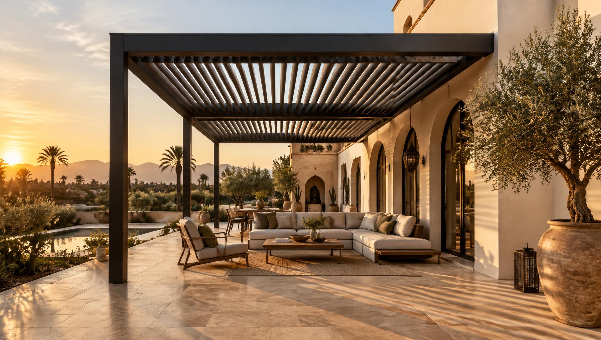 Terrasse d'une villa marocaine sous une pergola bioclimatique au coucher du soleil